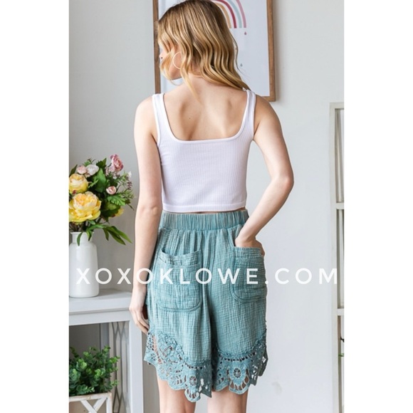Oli & Hali Teal Washed Cotton Lace Bottom Elastic Waist Short - Picture 12 of 14